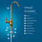 Diagram of the Brio Curvy Classic Series Water Faucet in brushed bronze for reverse osmosis systems, with labeled parts and included items: faucet, O-ring, 45mm base extender, washer, locking nut, 2 clips, 1/4 quick connect & 1/4 PE tubing.