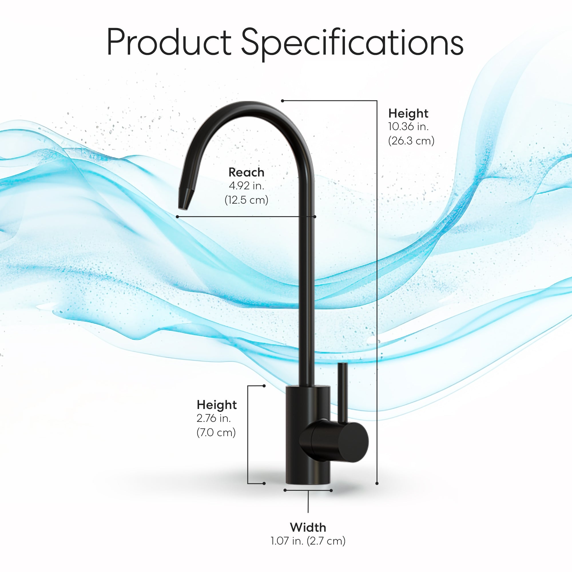 The Brio Modern Series Water Faucet in matte black features a lead-free stainless steel build, tall curved spout, and modern design. Dimensions: height 10.36 in (26.3 cm), spout reach 4.92 in (12.5 cm), handle height 2.76 in (7 cm).