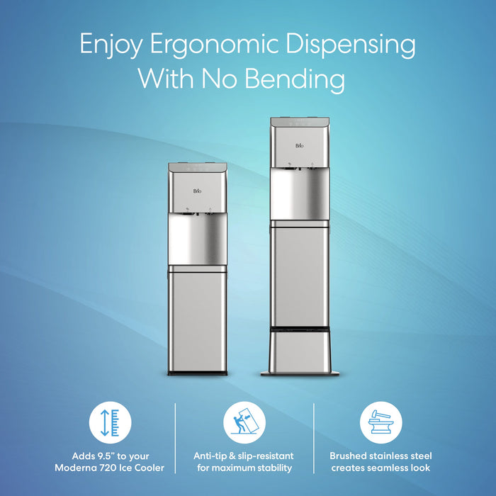 Two Brio 720 Series Ice Maker Bottled & Bottleless Water Coolers stand side by side on a blue background, showcasing ergonomic dispensing, anti-tip stability, and a seamless brushed look. Three icons below highlight advanced features.