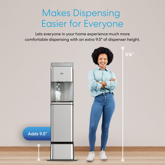 A woman stands beside a Brio Water Cooler Base – 720 Series Ice Maker Bottled & Bottleless Water Cooler with ice cubes, shown as 9.5 inches taller and marked at 56 inches, with text above: Makes Dispensing Easier for Everyone.