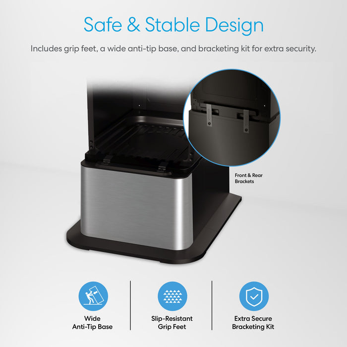The Brio Water Cooler Base – 720 Series Ice Maker features a wide anti-tip base, slip-resistant feet, and secure bracketing, highlighting its safe and stable design for bottled or bottleless water coolers.