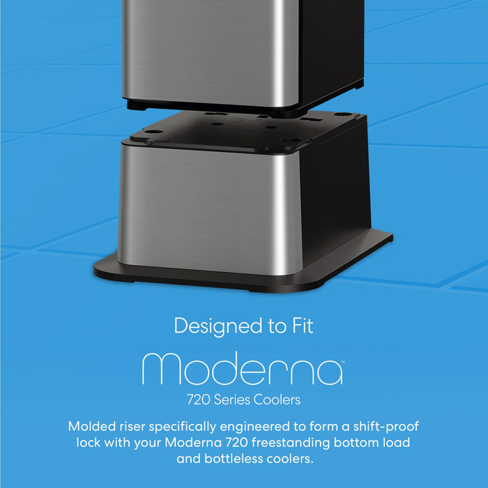 Two silver and black square risers are stacked on a blue background, shown as molded risers for the Brio Water Cooler Base – 720 Series Ice Maker Bottled & Bottleless Water Cooler, providing secure, shift-proof support for freestanding use.