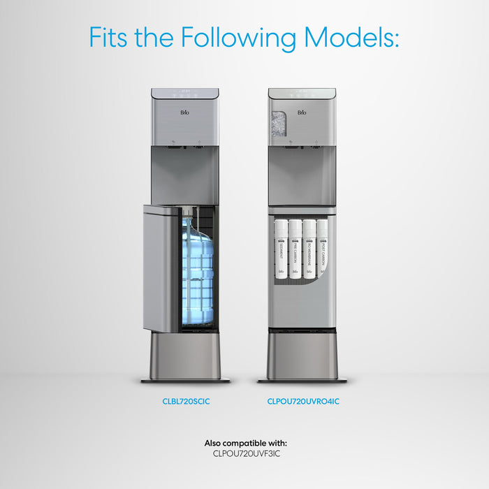 Two Brio Water Cooler Base – 720 Series Ice Maker dispensers stand side by side; left features a water bottle inside, right shows installed filters. Above are compatible models: CLBL720SQIC, CLPOU720UVRO4IC, CLPOU720UVF3IC.