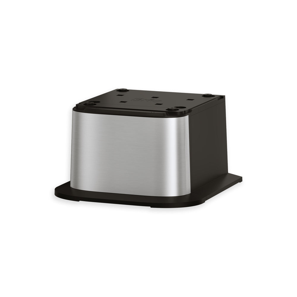 A stainless steel and black plastic Brio Water Cooler Base (300, 400, 500, 700 Series) with a flat base and rounded edges is shown against a white background.