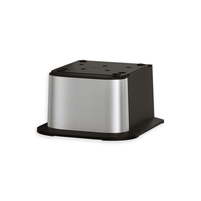 A stainless steel and black plastic Brio Water Cooler Base (300, 400, 500, 700 Series) with a flat base and rounded edges is shown against a white background.