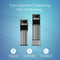 Two silver Brio Water Cooler Bases (300, 400, 500, 700 Series) are featured on a blue background. Text highlights ergonomic dispensing without bending, anti-tip stability, and a brushed stainless-steel finish. Three feature icons are shown.
