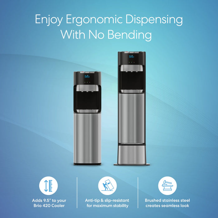 Two silver Brio Water Cooler Bases (300, 400, 500, 700 Series) are featured on a blue background. Text highlights ergonomic dispensing without bending, anti-tip stability, and a brushed stainless-steel finish. Three feature icons are shown.