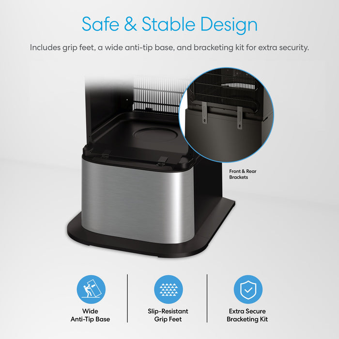 Brio Water Cooler Base—300, 400, 500 & 700 Series—features a wide anti-tip base, slip-resistant grip feet, and secure wall-mount bracketing kit. Inset shows brackets attached; text and icons emphasize these stability features.