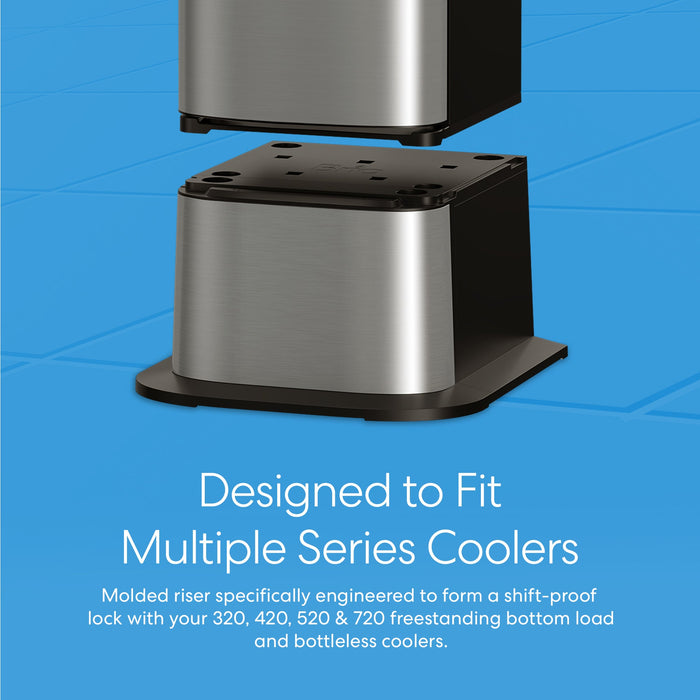 Two Brio Water Cooler Bases (300, 400, 500 & 700 Series) stacked on blue with text: Designed to fit multiple series coolers. Molded riser creates a shift-proof lock with your compatible freestanding bottom load and bottleless coolers.