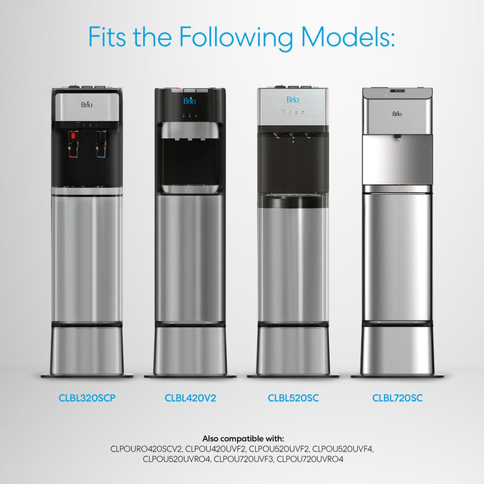 Four Brio Water Cooler Bases—300, 400, 500, and 700 Series—are shown side by side under "Fits the Following Models," with additional compatible base model numbers listed below.