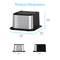 The Brio Water Cooler Base – 300/400/500/700 Series is a square stainless steel unit (16.06"W x 16.06"D x 9.29"H). Images show front and side views with blue text, “Product Dimensions.”.