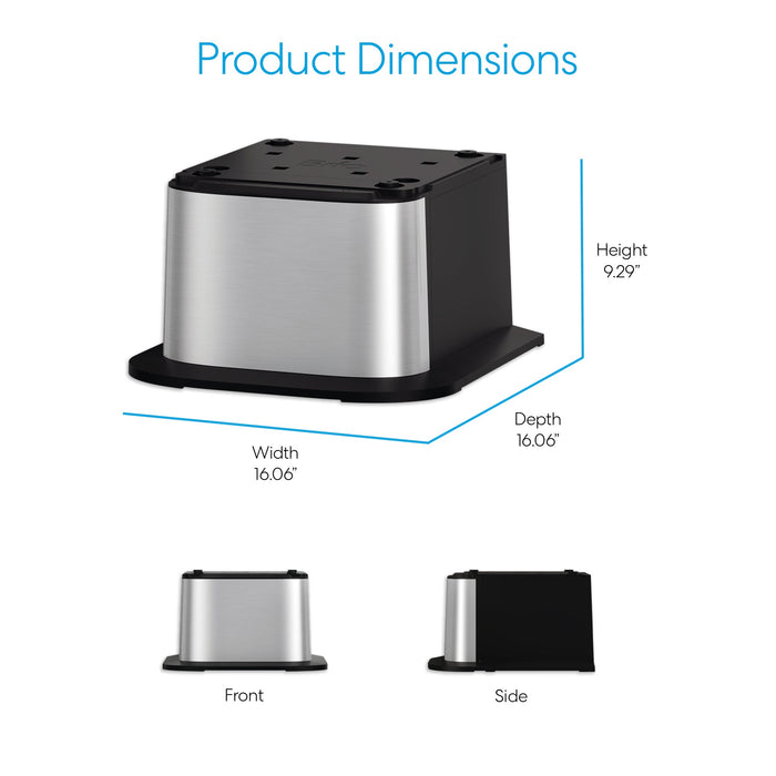 The Brio Water Cooler Base – 300/400/500/700 Series is a square stainless steel unit (16.06"W x 16.06"D x 9.29"H). Images show front and side views with blue text, “Product Dimensions.”.