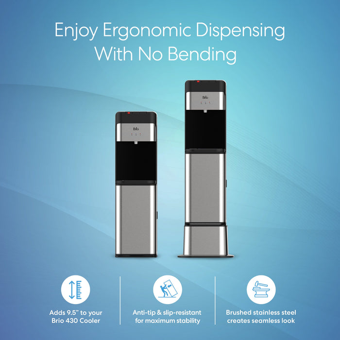 Two Brio Water Cooler Base stands for the Brio 430 Series are displayed on a blue background with text: Enjoy Ergonomic Dispensing With No Bending. Icons emphasize added height, stability, and a sleek brushed steel finish.