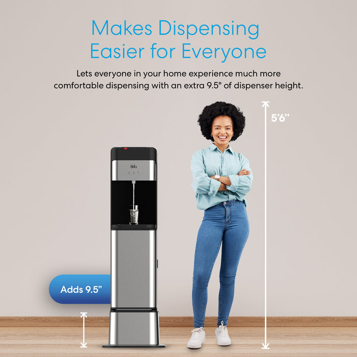 A smiling woman (56" tall) stands beside a Brio Water Cooler Base – Brio 430 Series, now with added height. Text highlights that the dispenser is 9.5 inches taller for easier use.