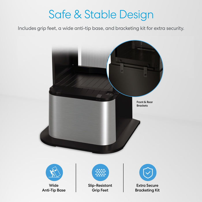 The Brio Water Cooler Base for the 430 Series features a wide black and silver anti-tip base, slip-resistant grip feet, and front and rear brackets for stability. Inset shows bracket detail. Text highlights its safe, stable design.