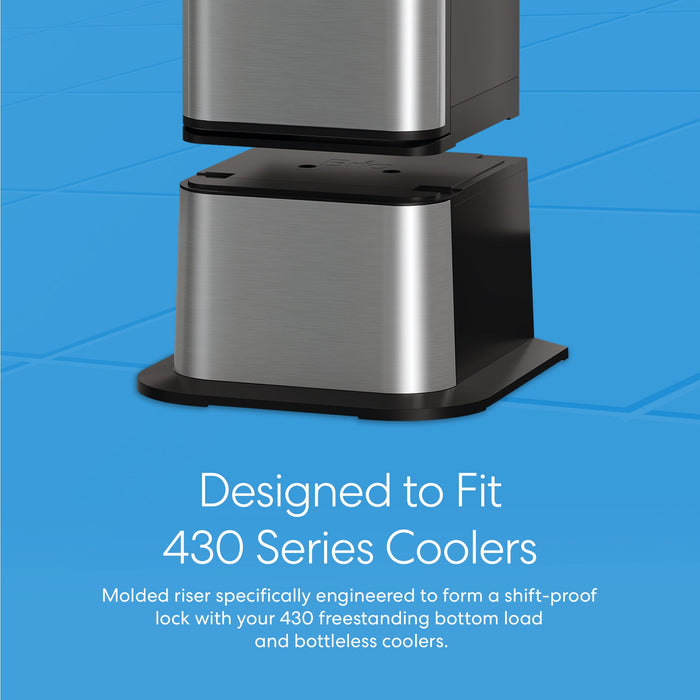 The Brio Water Cooler Base is designed for the 430 Series Bottled & Bottleless Water Coolers. Its molded metal build is shift-proof and compatible with both freestanding and bottom load coolers, as shown with a cooler stacked on top.