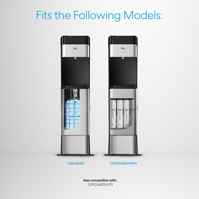 Two Brio Water Cooler Base – 430 Series units are shown: one with a blue bottle, the other with three white filters. Compatible models: CLBL430SC, CLPOU430UVFRO4, and CLPOU430UVF3. Black and silver finish.