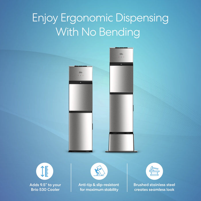 Two Brio 530 Series Water Cooler Bases—Bottled & Bottleless—stand side by side on a blue background. Text above says Enjoy Ergonomic Dispensing With No Bending. Icons highlight added height, anti-tip design, and sleek brushed steel finish.