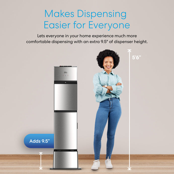A smiling woman stands next to a 530 Series Bottled & Bottleless Water Cooler with an extra 9.5-inch Brio Water Cooler Base, making it easier for people of different heights to use. Text highlights the added height and convenience.