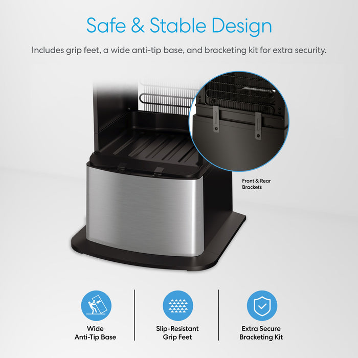The Brio Water Cooler Base – 530 Series Bottled & Bottleless Water Cooler features a wide anti-tip base, slip-resistant grip feet, and front/rear brackets for safety; safe and stable design is highlighted in an inset circle.