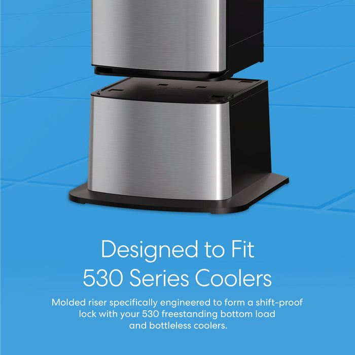 The Brio Water Cooler Base – 530 Series Bottled & Bottleless Water Cooler is shown securely fitted under a cooler, forming a shift-proof lock. Text: Designed to fit 530 Series Coolers.