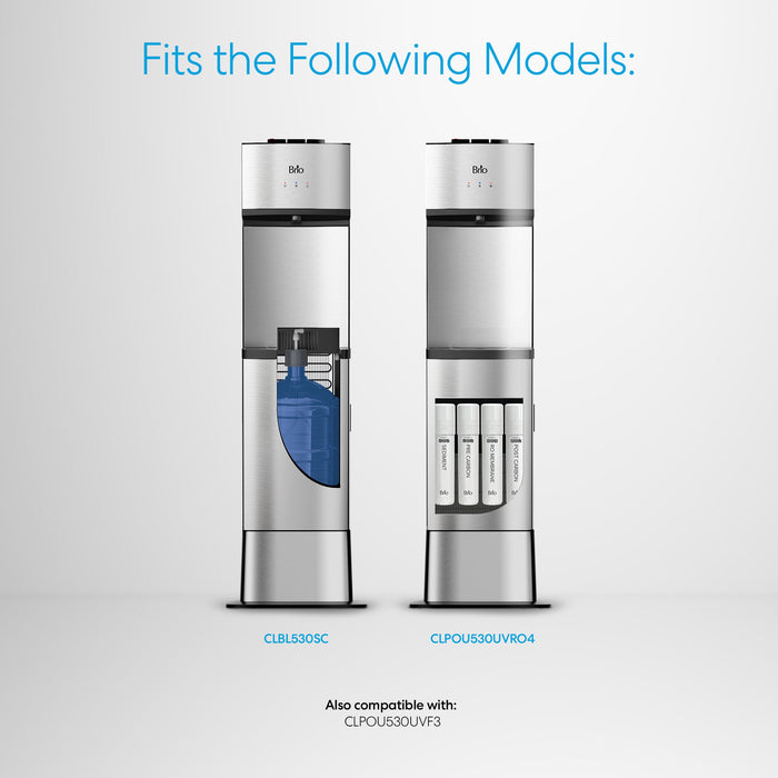 Two stainless steel Brio Water Cooler Base – 530 Series units are shown side by side. The left displays a blue water bottle inside; the right features three cylindrical filters—ideal for bottled or bottleless use.