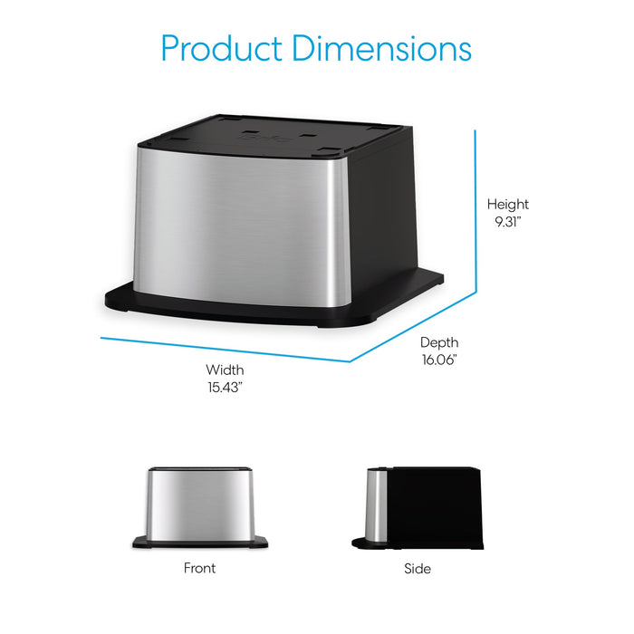 A Brio Water Cooler Base – 530 Series Bottled & Bottleless Water Cooler in stainless steel and black, measuring 9.31" H x 15.43" W x 16.06" D, is shown with front and side views below the main image.
