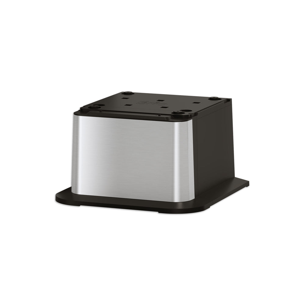 The Brio Water Cooler Base – 730 Series Bottled & Bottleless Water Cooler, featuring stainless steel and black plastic with rounded edges, is displayed at an angle on a white background.