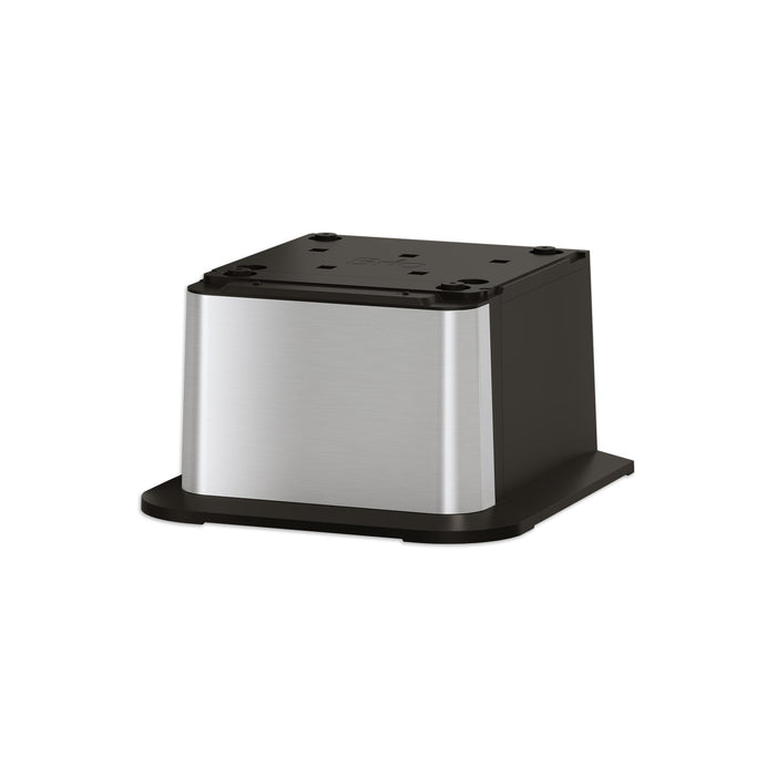 The Brio Water Cooler Base – 730 Series Bottled & Bottleless Water Cooler, featuring stainless steel and black plastic with rounded edges, is displayed at an angle on a white background.