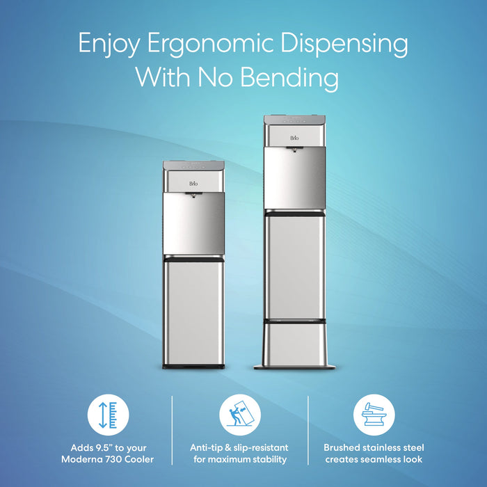 A Brio Water Cooler Base with the 730 Series Bottled & Bottleless Water Cooler is showcased on a blue background, featuring ergonomic dispensing, 9.5" added height, anti-tip and slip-resistant design, and a brushed stainless steel finish.