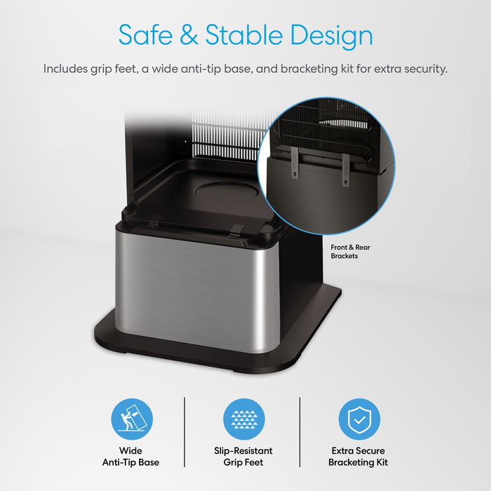 Close-up of the Brio Water Cooler Base – 730 Series Bottled & Bottleless Water Cooler, featuring a wide anti-tip base, slip-resistant grip feet, and front/rear brackets for safe, stable use. Includes bracket kit for extra security.