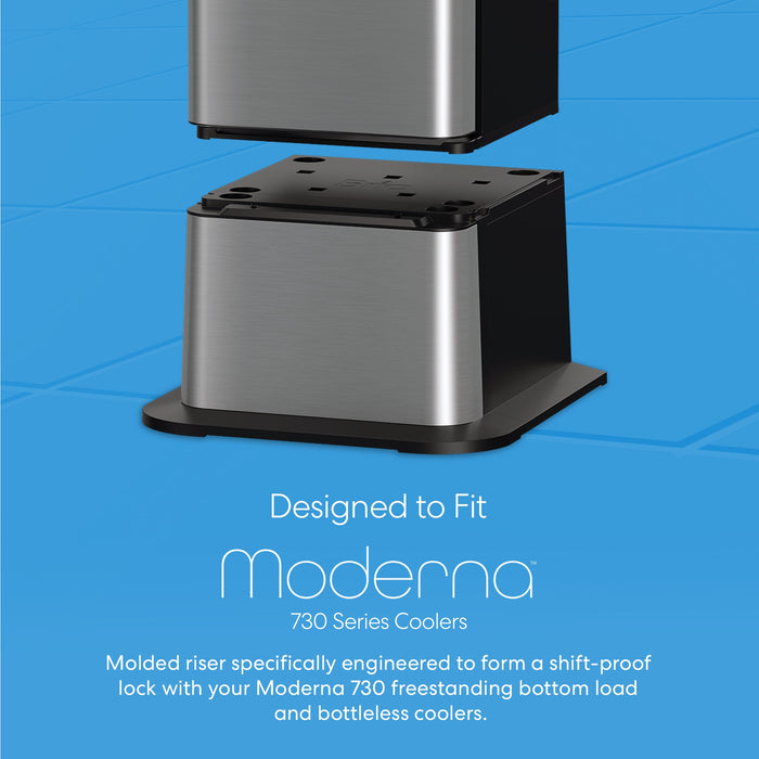 The Brio Water Cooler Base for 730 Series Bottled & Bottleless Coolers, shown on a blue grid background, features a secure shift-proof lock—an essential stand for freestanding coolers.