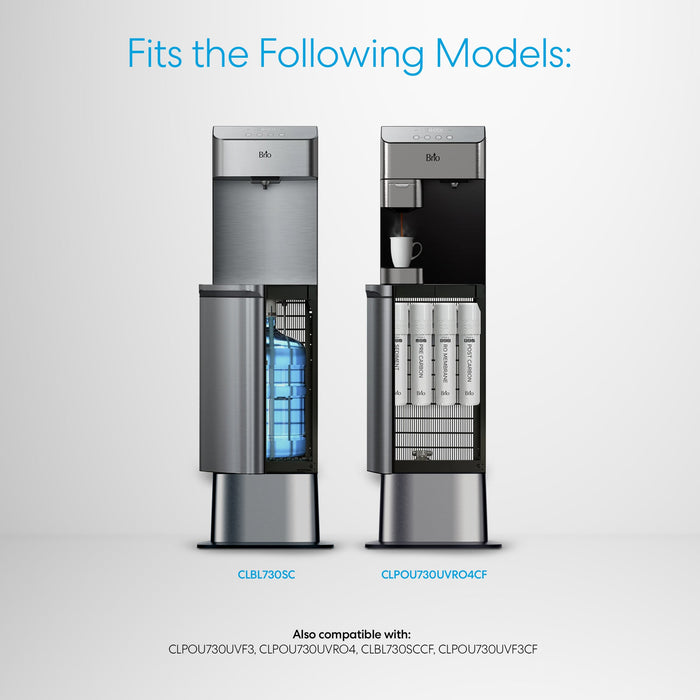 Two Brio Water Cooler Base – 730 Series units stand side by side—one displays a blue water jug behind an open door, the other reveals three internal filters. Model numbers are shown above and below each cooler.