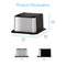The Brio Water Cooler Base – 730 Series Bottled & Bottleless Water Cooler, with a square metallic design and black accents, is shown front and side. Dimensions: Height 9.29", Width 16.06", Depth 16.06". Blue text reads Product Dimensions.