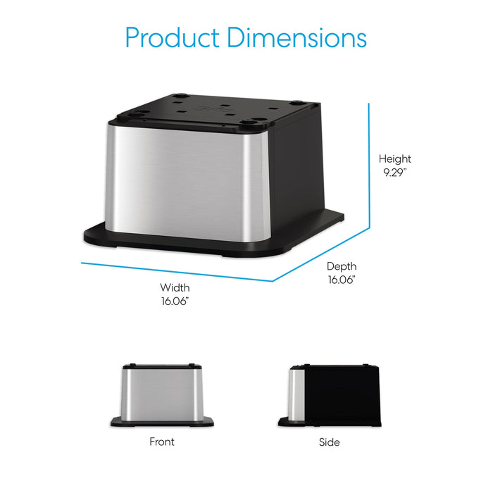 The Brio Water Cooler Base – 730 Series Bottled & Bottleless Water Cooler, with a square metallic design and black accents, is shown front and side. Dimensions: Height 9.29", Width 16.06", Depth 16.06". Blue text reads Product Dimensions.