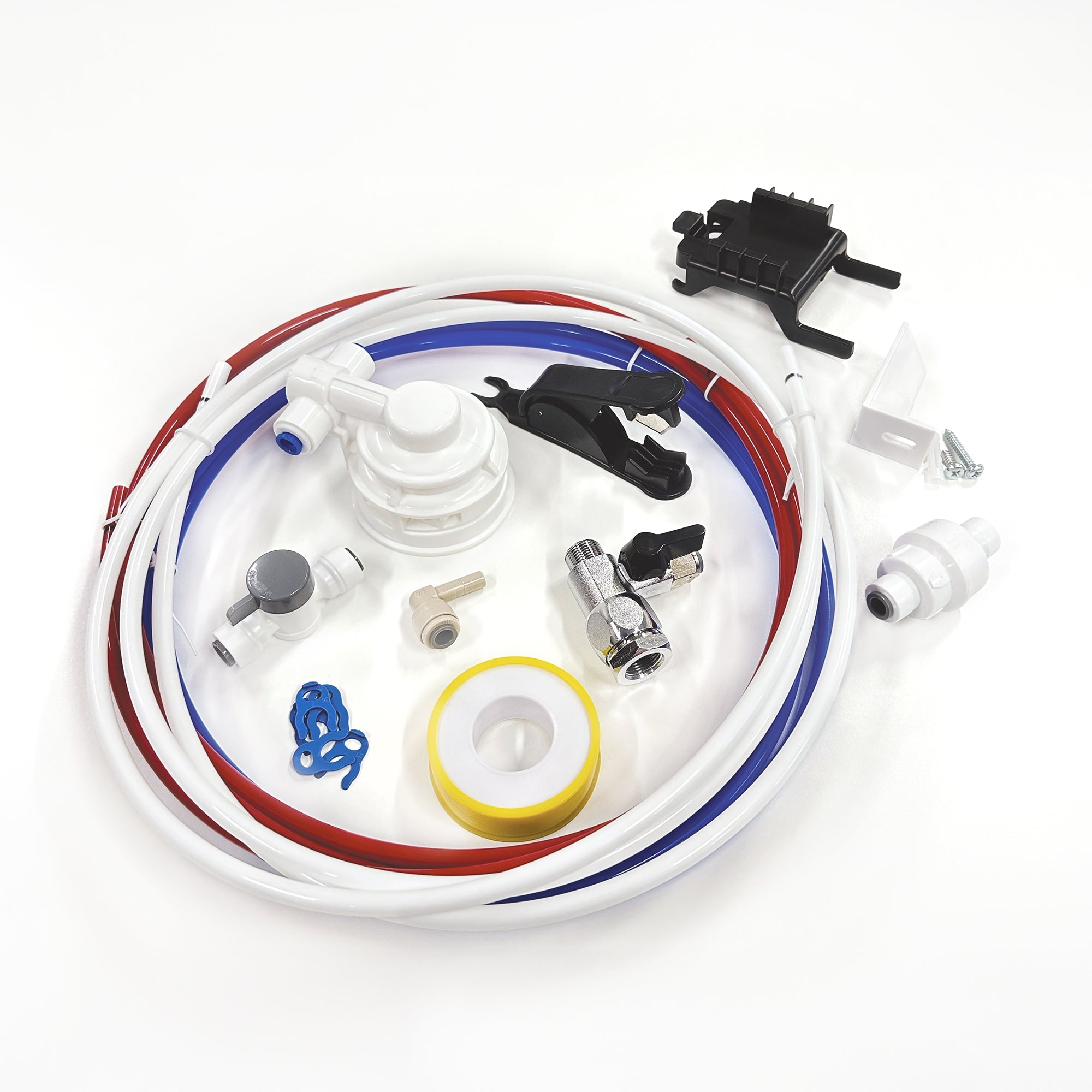 The Countertop POU Water Cooler Kit includes red, blue, and white tubing, connectors, valves, tape, clips, and fittings—assorted components for easy water filter installation. All parts are displayed on a white background.