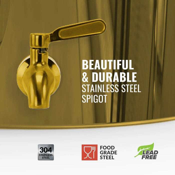 A gold chrome stainless steel spigot with a lever handle is attached to the GEO Porcelain Ceramic Crock Water Dispenser. Beautiful & Durable Stainless Steel Spigot—304 stainless, food grade, and BPA-free.