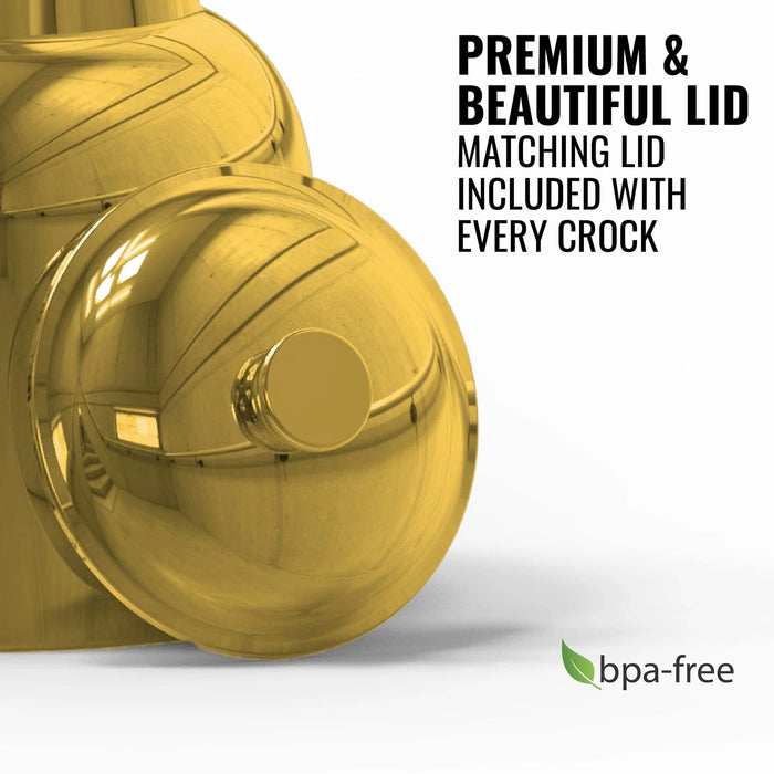The GEO Porcelain Ceramic Crock Water Dispenser – Gold Chrome is shown with a matching, premium lid. Every crock includes the lid. A BPA-free logo with a green leaf appears at the bottom right.