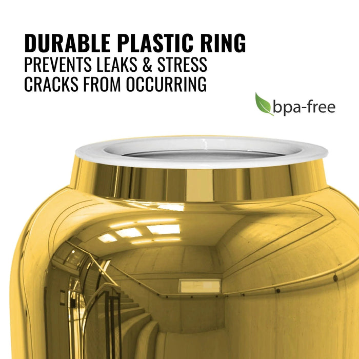 A close-up of the GEO Porcelain Ceramic Crock Water Dispenser in Gold Chrome shows a white plastic ring around the opening. Text states, “Durable plastic ring prevents leaks & stress cracks.” A BPA-free label with a green leaf is visible.