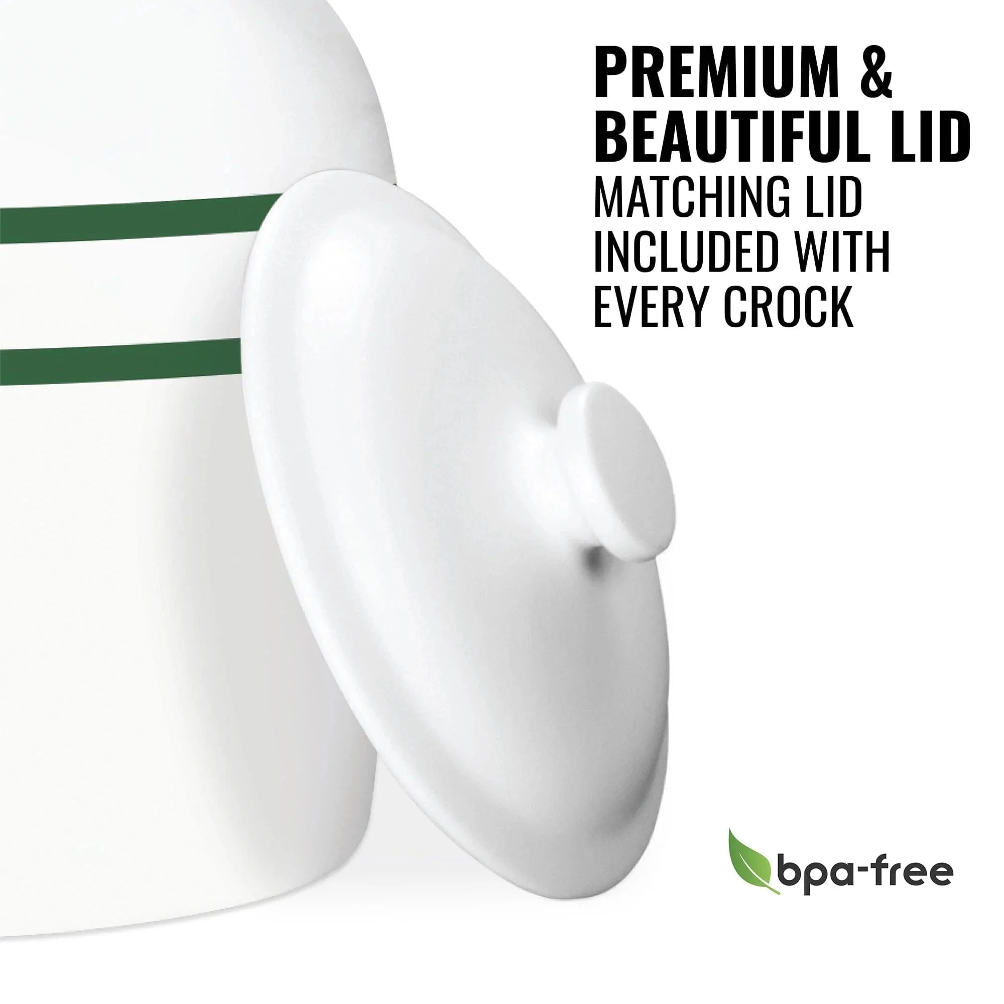 The GEO Porcelain Ceramic Crock Water Dispenser – Green Stripe is a white, BPA-free jar with green stripes, ideal for use as a ceramic water dispenser.