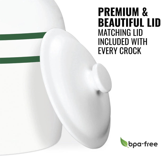 The GEO Porcelain Ceramic Crock Water Dispenser – Green Stripe is a white, BPA-free jar with green stripes, ideal for use as a ceramic water dispenser.