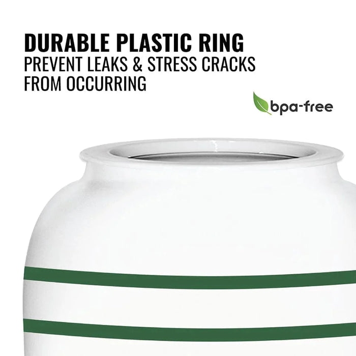 Close-up of the GEO Porcelain Ceramic Crock Water Dispenser – Green Stripe with a white 5-gallon bottled water, featuring a green-striped design and BPA-free label. Durable plastic ring at the opening helps prevent leaks and stress cracks. Perfect for your water crock setup!.