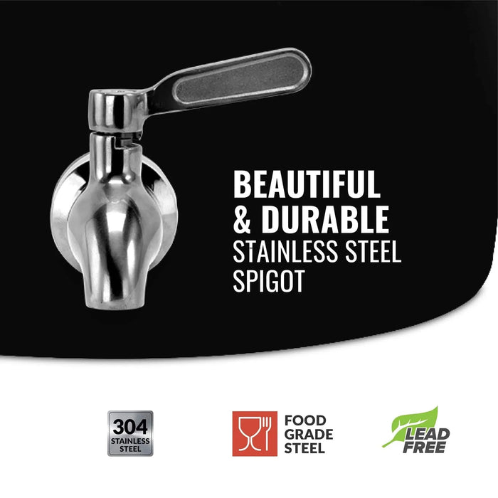 The GEO Porcelain Ceramic Crock Water Dispenser – Black is shown with a stainless steel spigot and handle. Perfect for ceramic dispensers or 5-gallon bottles. Labeled food-grade, BPA-free, and made from 304 stainless steel.