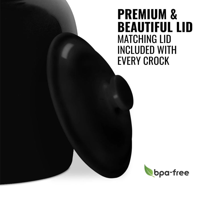 The GEO Porcelain Ceramic Crock Water Dispenser – Black is shown with its matching lid. Text says, "Premium & Beautiful Lid. Matching lid included with every crock." A green BPA-free logo appears at the bottom right.