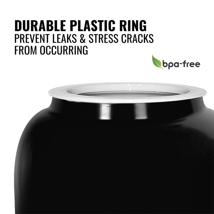 Close-up of the GEO Porcelain Ceramic Crock Water Dispenser in Black, featuring a durable white plastic ring at the opening to prevent leaks & stress cracks. BPA-free label with green leaf icon also shown.