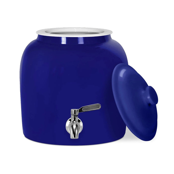 The GEO Porcelain Ceramic Crock Water Dispenser – Blue is a BPA-free blue ceramic crock with a silver spigot and matching blue lid, shown beside it on a white background.