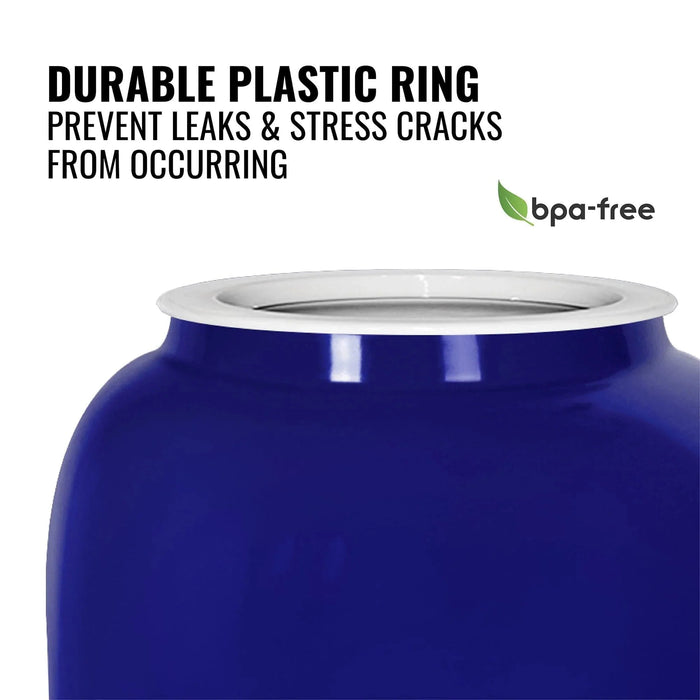 Close-up of the GEO Porcelain Ceramic Crock Water Dispenser in blue, featuring a durable white plastic ring to prevent leaks and cracks. BPA-free label with green leaf marks it as a safe, reliable 5-gallon water holder.