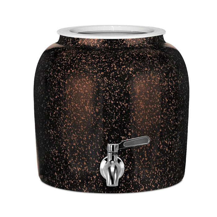 The GEO Porcelain Ceramic Crock Water Dispenser – Black w/ Orange Speckles features a silver spigot, wide top opening, and BPA-free ceramic—ideal as a water dispenser or 5-gallon bottle holder.