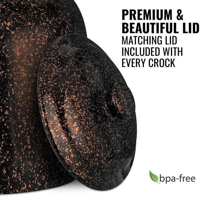 The GEO Porcelain Ceramic Crock Water Dispenser – Black w/ Orange Speckles features a matching lid. Text: Premium & Beautiful Lid. Matching lid included with every crock. A green BPA-free water dispenser symbol is shown.