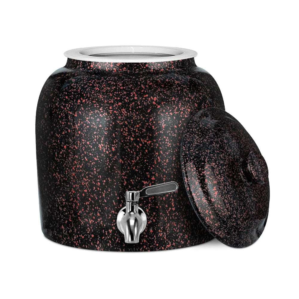 The GEO Porcelain Ceramic Crock Water Dispenser – Black w/ Red Speckles is BPA-free, featuring a matching lid resting beside it and a silver spigot, shown on a white background.